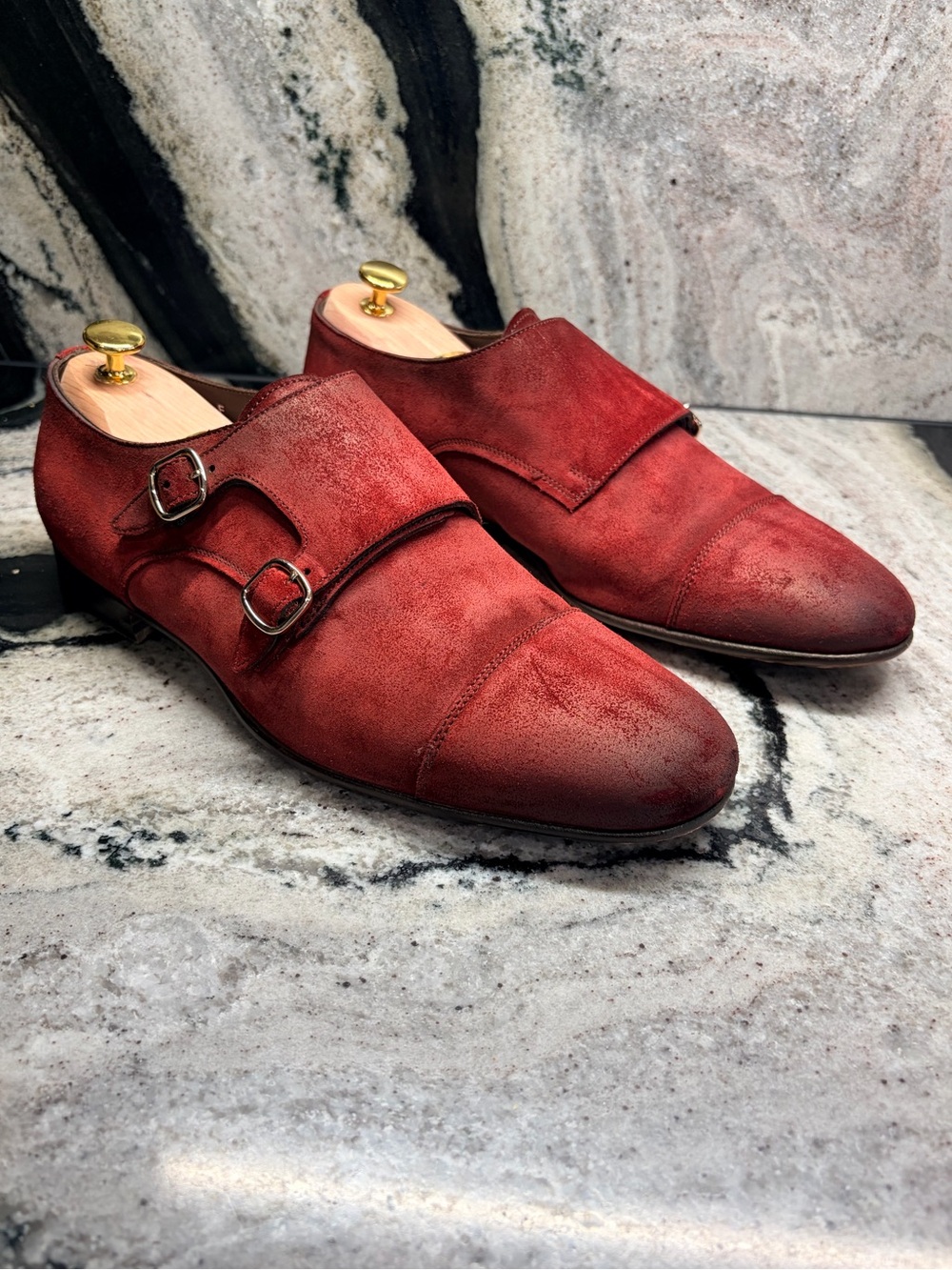 Santoni Fatte a Mano Reverse Reindeer Suede Double Monk 8.5 UK 9.5 US Rare Red